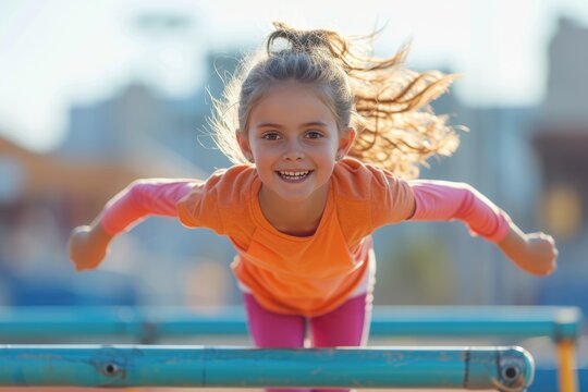 Little girl jogging in a stadium across hurdles. Generative Ai.