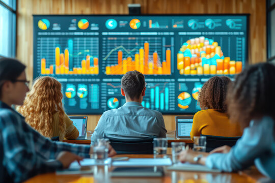 Presentation projector screen showing graphs Product sales Revenue growth strategy analytics.