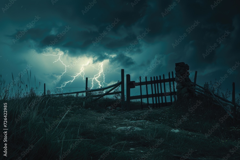 Poster a picture of a wooden fence with a dramatic lightning bolt in the sky. this image can be used to dep