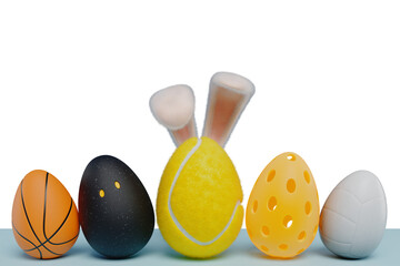 Sports balls in the shape of eggs with Easter bunny ears. 3d rendering