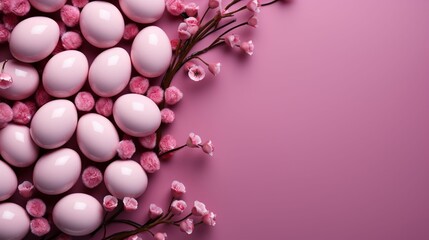 Happy Easter greeting background with eggs and flower. Easter eggs background with copy space area. Frame background.