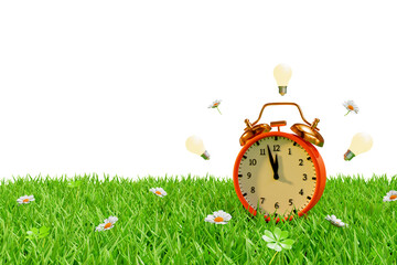 Alarm clock in a meadow in the grass surrounded by light bulbs. Daylight saving time and season transition. 3D rendering