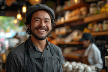Asian manager laughing in coffee shop