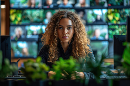 woman leading a business video conference in a conference room.