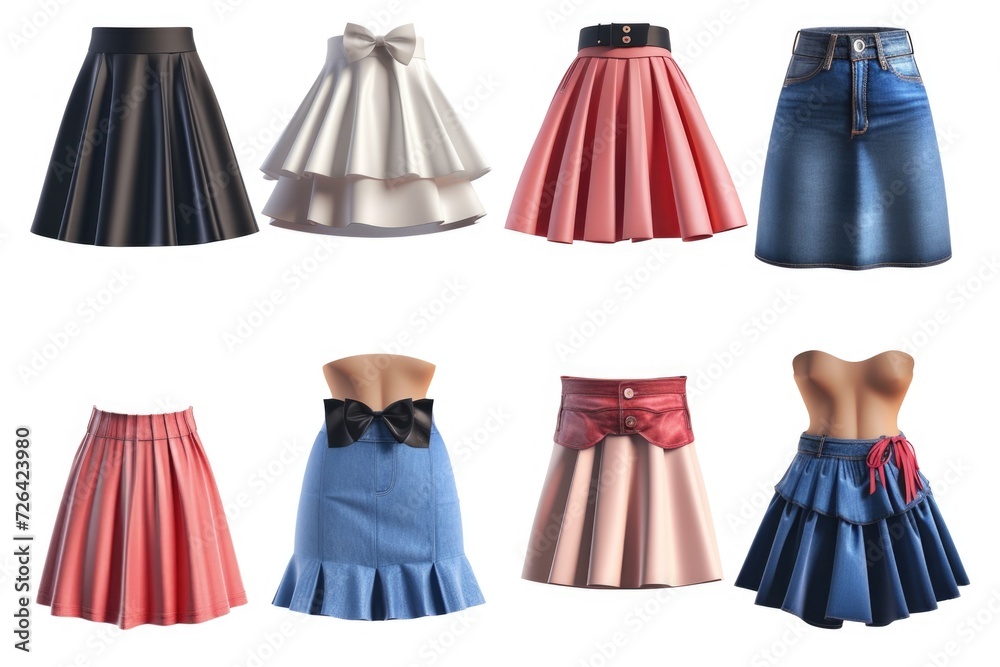 Poster a collection of skirts featuring various styles and colors, each adorned with a bow. perfect for fas