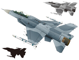 CFT密着型増槽を装着したF16復座単発ジェット戦闘機（黒シルエット、モノクロ版付イラスト） - obrazy, fototapety, plakaty