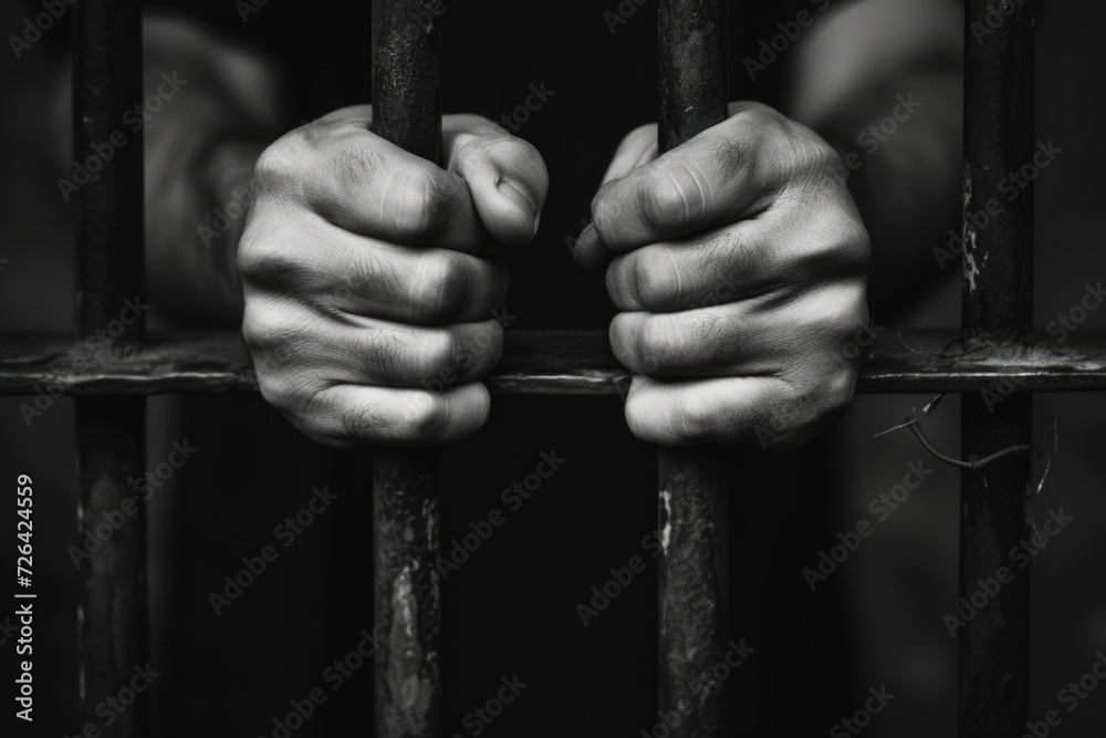 Poster hands gripping the bars of a jail cell. can be used to depict imprisonment, confinement, or the conc