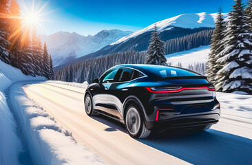 Electric car on a snowy road against the backdrop of mountains and forest