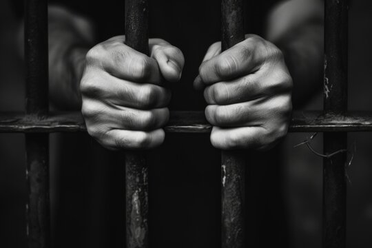 Hands gripping the bars of a jail cell. Can be used to depict imprisonment, confinement, or the concept of being trapped