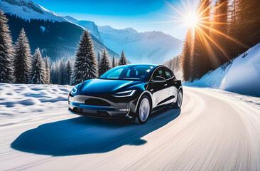 Electric car on a snowy road against the backdrop of mountains and forest