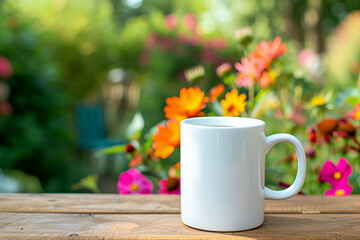 Obraz na płótnie Canvas Mock up of a white color 11oz Mug in Flower Garden background, product mockup