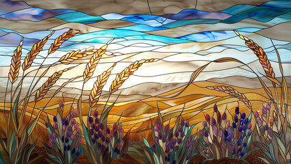 Tranquil Wheat Field: A Mottled Stained Glass Masterpiece