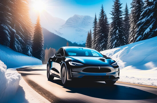 Electric car on a snowy road against the backdrop of mountains and forest