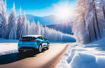 Electric car on a snowy road against the backdrop of mountains and forest