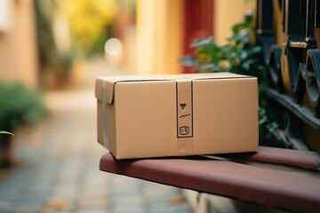 Online shopping delivery service concept. cardboard parcel box delivered to front doorstep