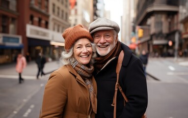 In the heart of the city, this senior couple shares a romantic stroll, immersed in the urban charm, capturing the timeless essence of their enduring love amidst the bustling streets.Generated image