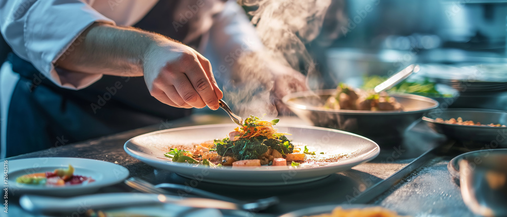 Wall mural gourmet dish being prepared in a high-end restaurant kitchen