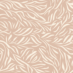 Organic pattern. Seamless texture of plants drawn lines. Stylish leaves light grey background. Modern wallpaper or textile print - 726425934