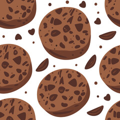 Chocolate chip cookies seamless pattern. Vector illustration in cartoon style on white background. For print, textile, web, home decor, fashion, surface, graphic designe