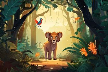 Tuinposter  kid book style , animal and jungle background © Kitta