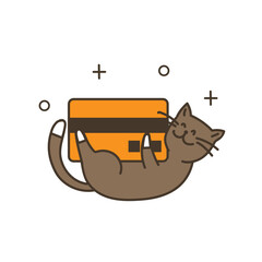 A cat with the big debit card. Doodle style. Symbol of wealth, Bank, capital. A simple funny illustration is hand drawn and isolated on a white background