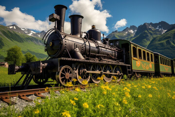 Naklejka premium Vintage steam locomotive in the Alps with flowers and mountains in the background