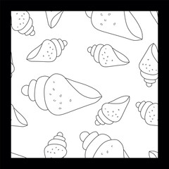Seashells seamless pattern. Linear drawing of Sea shell. Hand drawn Vector Doodle marine illustration. Summer Tropical Ocean Beach style Background for Textile, Fabric, Wrapping paper, Cover, Print.