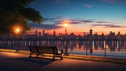 A tranquil cityscape at dawn or dusk.