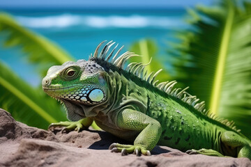 Obraz premium nature reportage, green iguana on a tropical beach with jungle