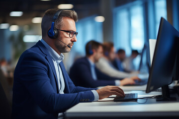 Call center agent with headset working on support hotline, IT support, Call center, Technical support concept, Generative Ai. - obrazy, fototapety, plakaty