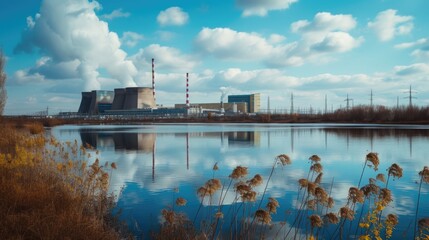A picture showing a factory in the background with a body of water in the foreground. Suitable for industrial and environmental themes