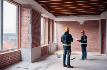 Builders are making a project, layout, marking, design of the building of a new apartment