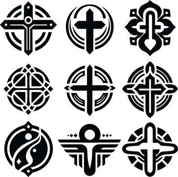 set of celtic crosses, a set of black church icons on a white background, simplistic iconography, vector graphics icon, iconography background, vector images
