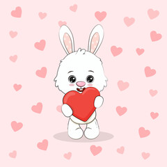 Cute cartoon bunny with red heart isolated on pink background with hearts. Postcard for Valentine's Day, Mothers day. Vector illustration