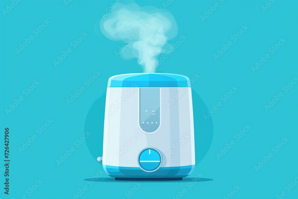 Poster a compact humidifier in blue and white colors emitting steam. suitable for use in dry environments