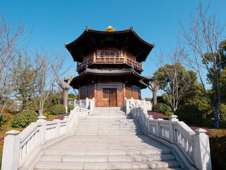 Ancient Tang dynasty style building pavilion in Baoshan temple. Buddhist temple located in Baoshan district, Shanghai.