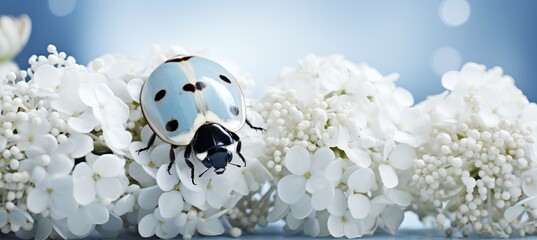 Bright minimalistic spring background with ladybug on white flower, modern abstract nature scene