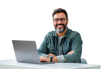 Isoalted man with laptop on white - obrazy, fototapety, plakaty