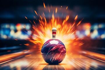 Bowling strike. ball crashing into pins on alley line â€“ sport competition or tournament concept