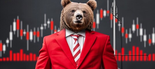 Bear market  anamorphic bear in red suit with downtrend candlestick charts on monitors