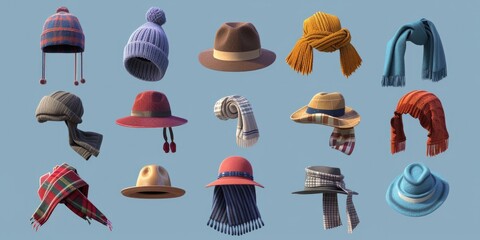 A collection of hats and scarves displayed on a vibrant blue background. Perfect for showcasing winter fashion accessories