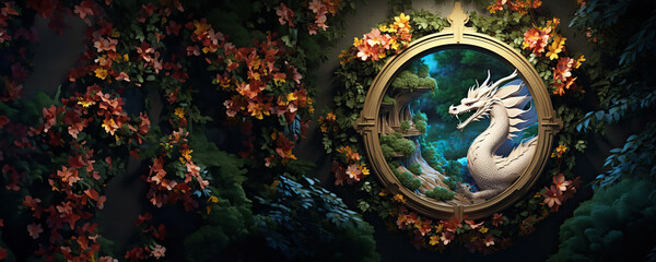 Obraz na płótnie Canvas Dragon Artwork with a forest scene in the frame