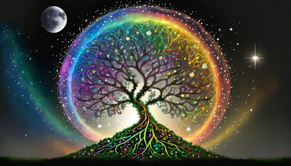 Tree of Life and Moon, illustration background - obrazy, fototapety, plakaty