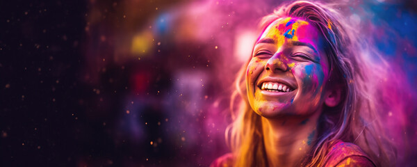 Colorful Smiling Woman with Paint Splatters on Her Face, Fictional Character Created by Generated AI.
