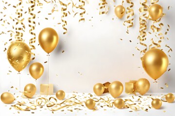 Obraz na płótnie Canvas Elevate Your Event Ambiance with Luxurious Gold Foil Balloons, Bedecked in Confetti and Festive Ribbons, Commanding Attention Against a Flawless White Backdrop. A 3D Realistic Vector Illustration, Ide