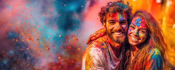 A joyful couple covered in colorful paint splatters, smiling and hugging each other. Fictional Character Created by Generated AI.