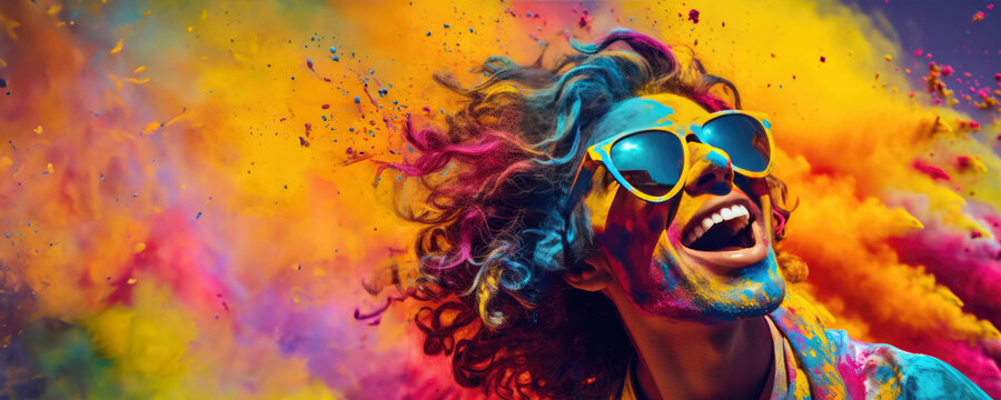 Colorfully Smiling Woman with Wild Hair, Fictional Character Created by Generated AI.