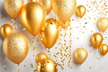 Elevate Your Event Ambiance with Luxurious Gold Foil Balloons, Bedecked in Confetti and Festive Ribbons, Commanding Attention Against a Flawless White Backdrop. A 3D Realistic Vector Illustration, Ide