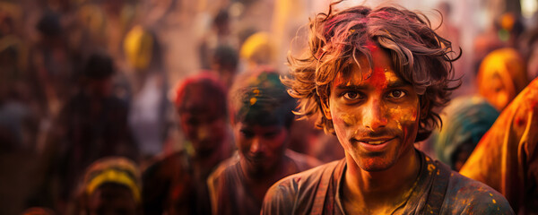 Obraz premium Colorful festival in India - Men with messy hair and women with color on their faces, Fictional Character Created by Generated AI.