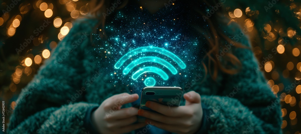 Poster interactive holographic wifi icon hovering over mobile phone with copy space for text placement